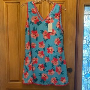 Floral Sleeveless Dress with Pink Trim